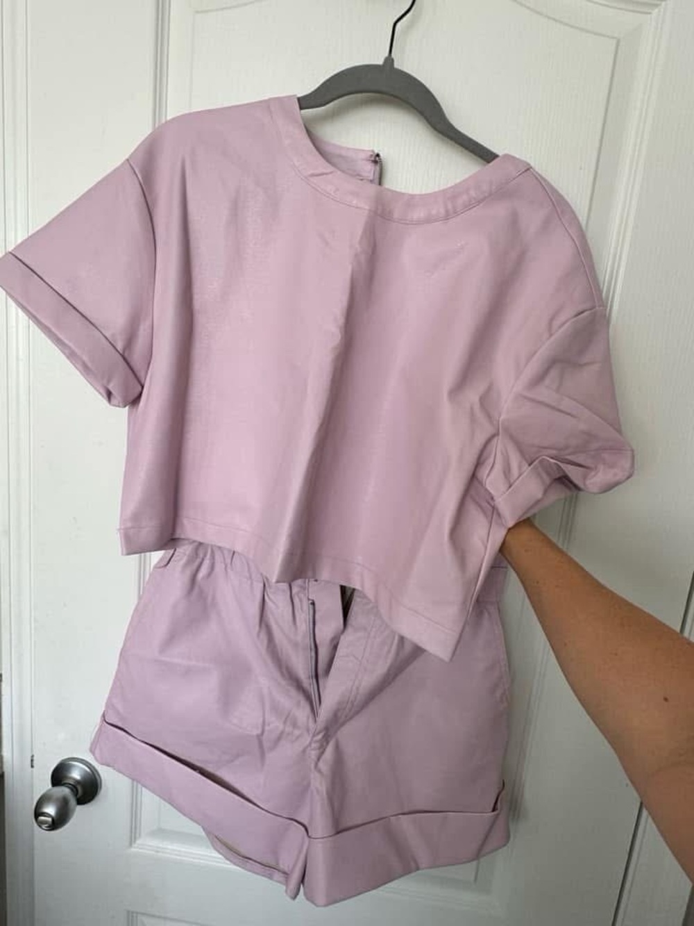 Buddy Love Pleather Lilac Two-Piece Crop Top and High-Waist Shorts Set